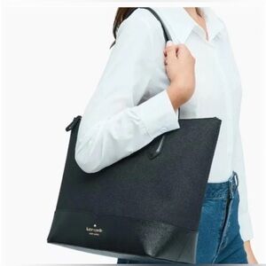 New Kate Spade Womens Black Leather Zipper Lola Glitter Classic Tote Bag